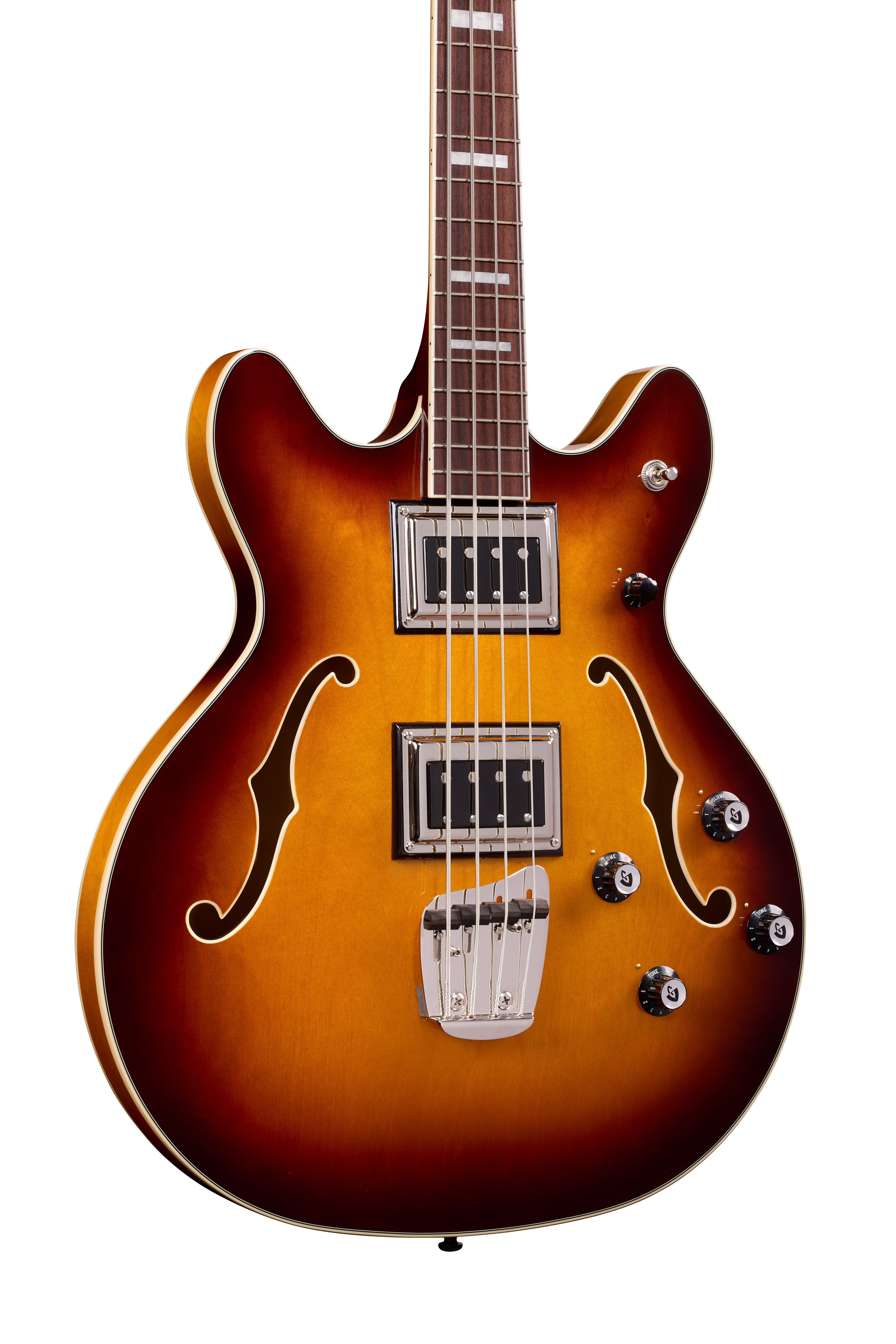 Elektrische Gitarre, Hohlkörper, Sunburst, Doppelspulen-Tonabnehmer, F-Löcher